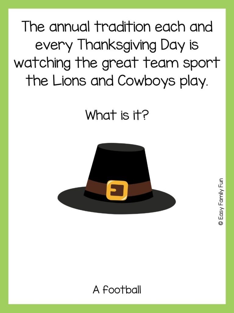 black hat with brown belt on brim on white card with green border, thanksgiving riddles