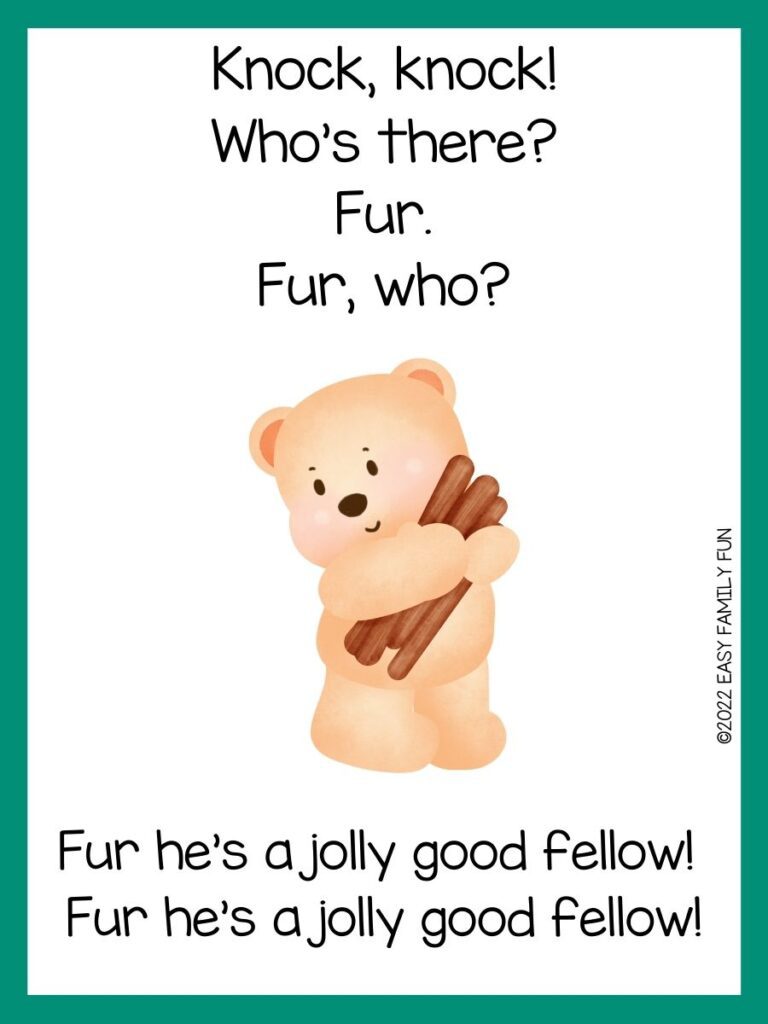 teddy bear holding stick with green border and bear knock knock joke