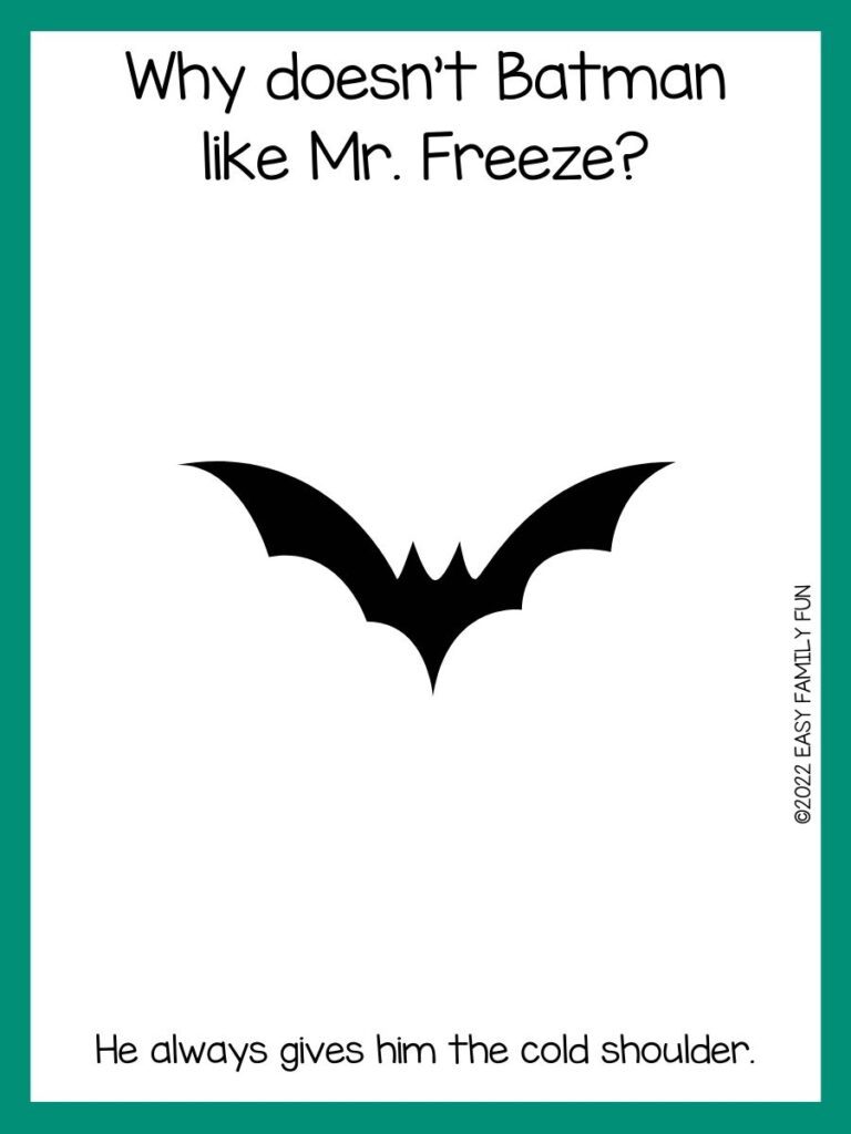 White card with green border with black bat Batman jokes in black writing