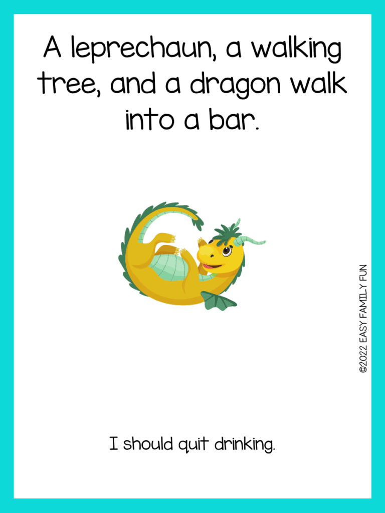 yellow dragon with green wings on white card with turquoise border with dragon jokes