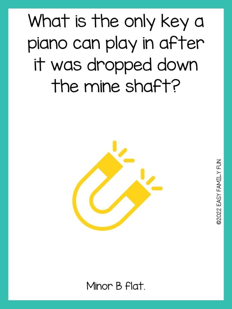 yellow piano tuner on white card with turquoise border and piano jokes