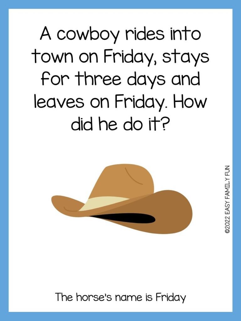 brown cowboy hat on white card with blue border with cowboy riddles.