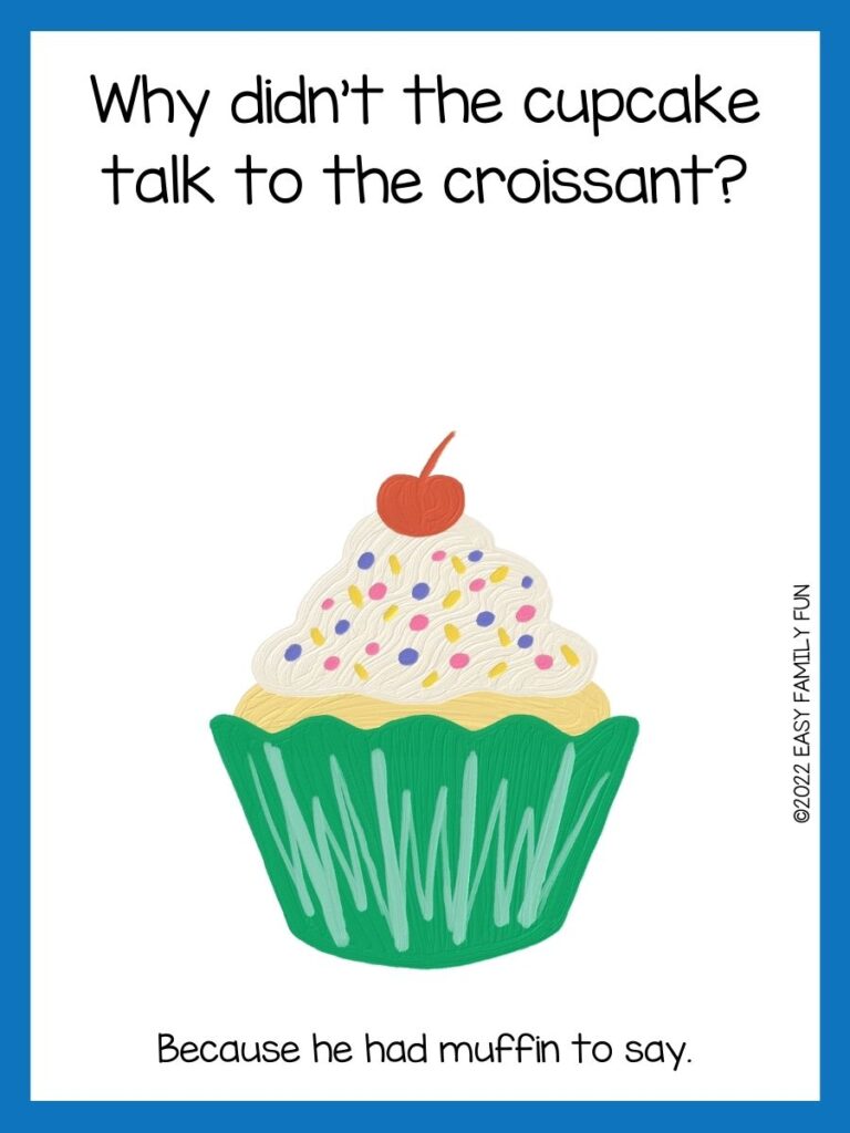 cupcake with white frosting, sprinkles, cherry in top and green cup on white card with blue border with cupcake joke