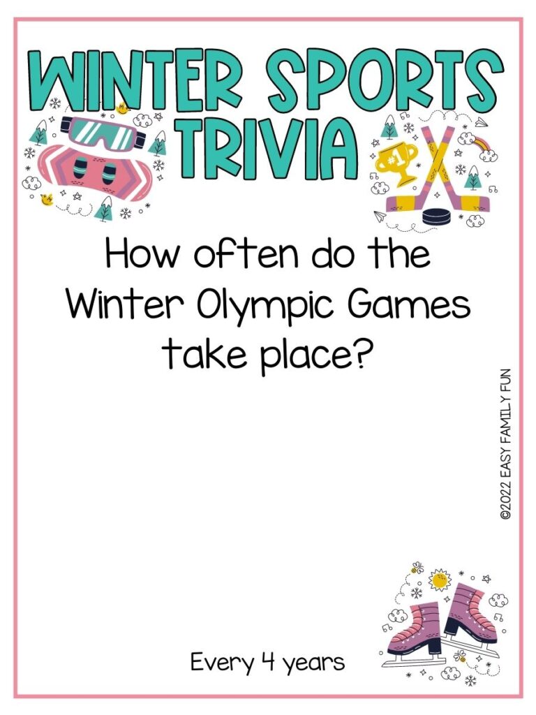White card with pink border and turquoise letters saying winter sports trivia. black turquoise and pink goggles, pink snowboard, yellow and pink hockey sticks with black puck, gold trophy, purple and pink ice skates