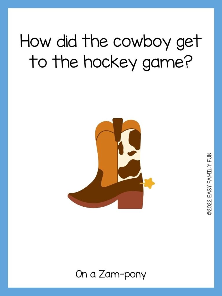 brown cowboy boot n white card with blue border with cowboy riddles.