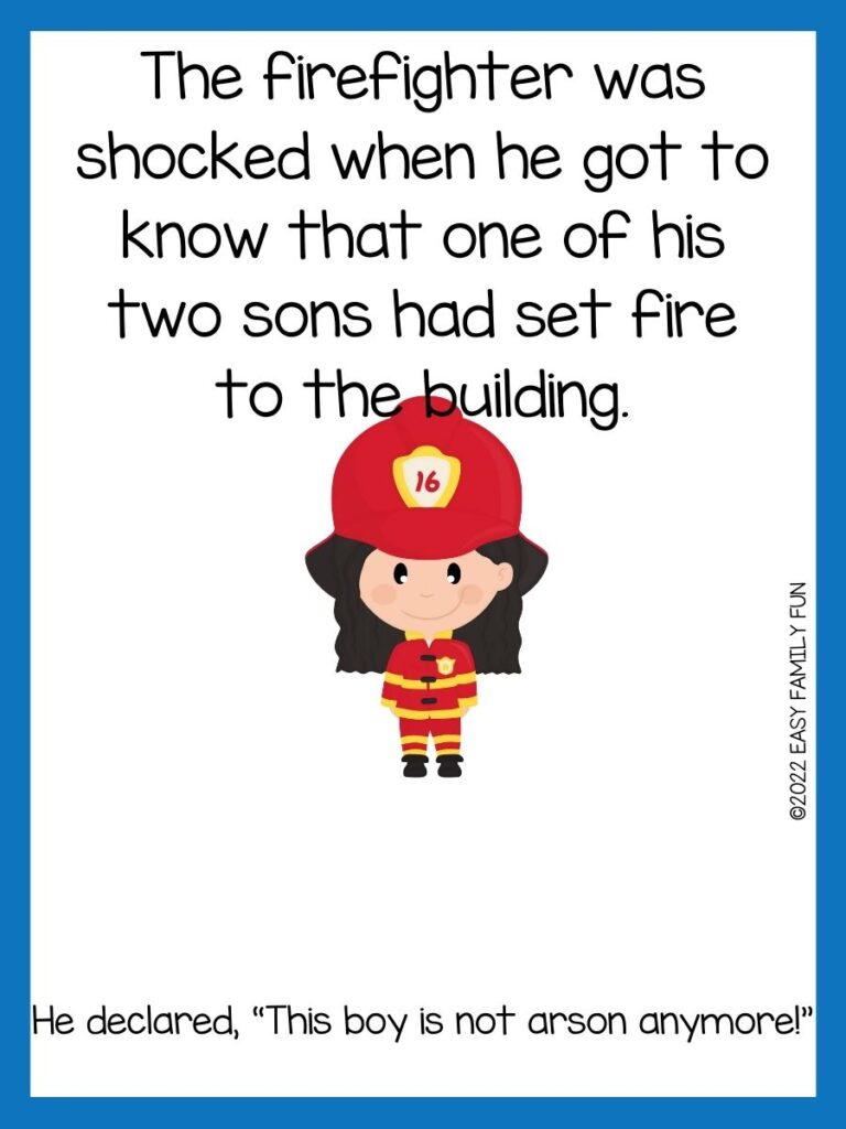 Firefighter with black hair wearing a red and yellow suit with black boots and red hat on white background with blue border with firefighter jokes