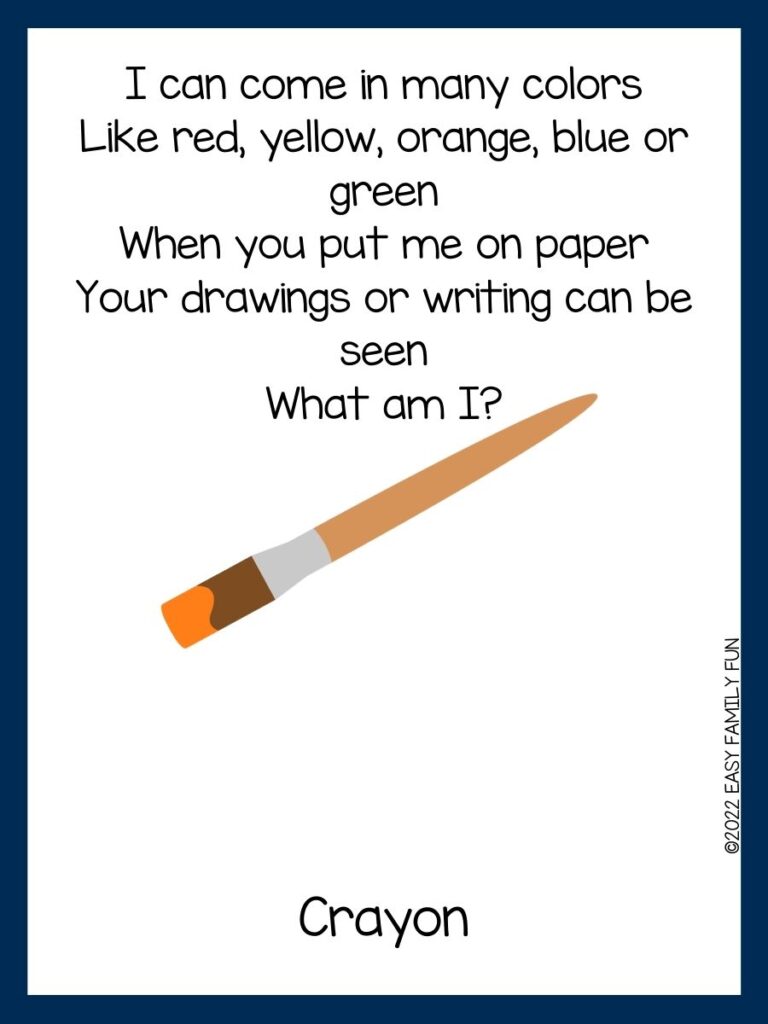 brown paint brush with orange paint on white card with blue border with paint riddle