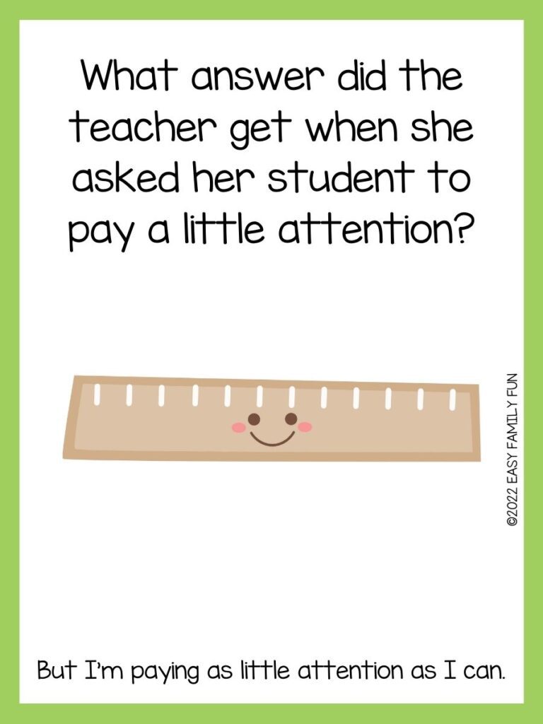 brown ruler on white card with green border with teacher jokes