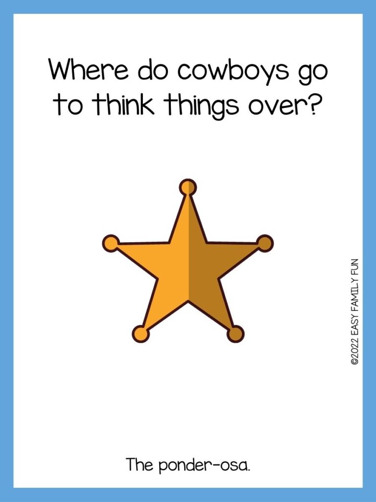 gold badge on white card with blue border with cowboy riddles.