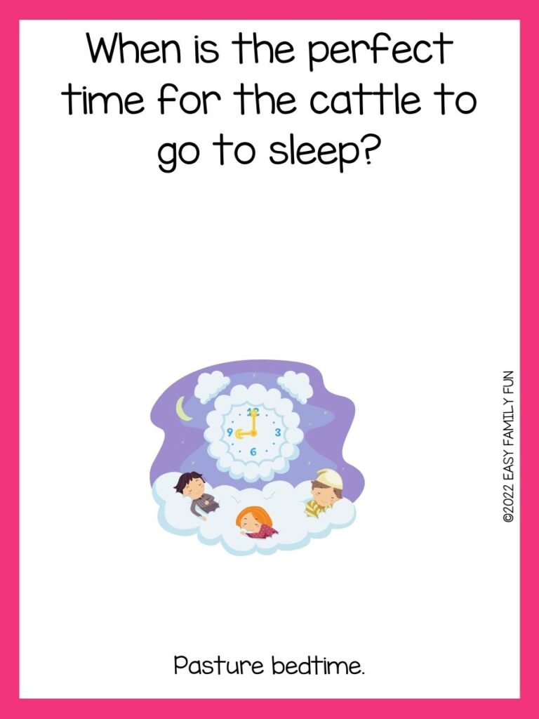 children sleeping on a cloud with pink border and joke.