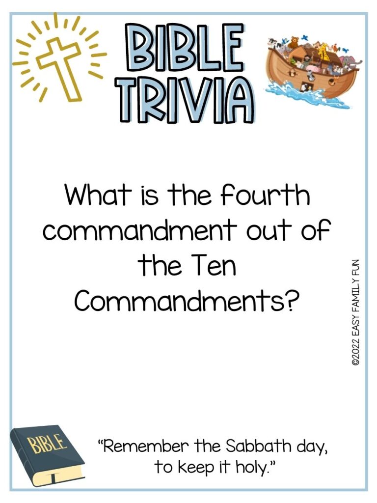 Bible trivia card with a gold cross, Noah's ark with animals, and bible on white card stock and light blue border. 