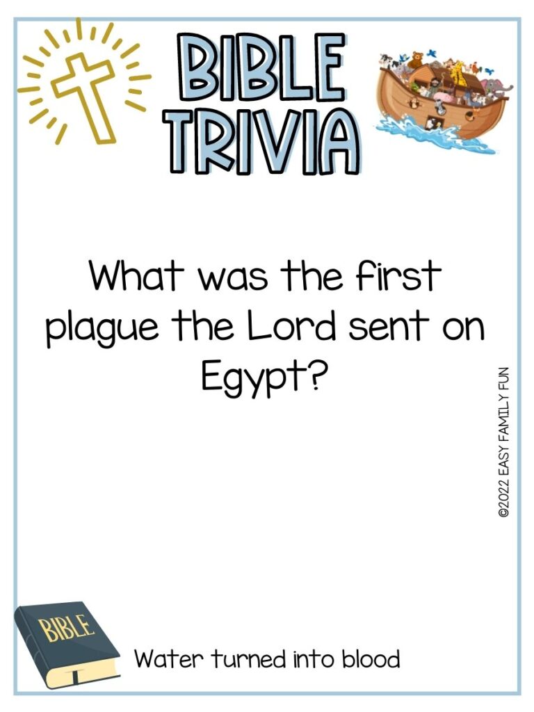 Bible trivia card with a gold cross, Noah's ark with animals, and bible on white card stock and light blue border. 