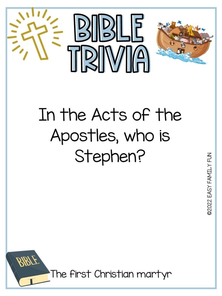 Bible trivia card with a gold cross, Noah's ark with animals, and bible on white card stock and light blue border. 