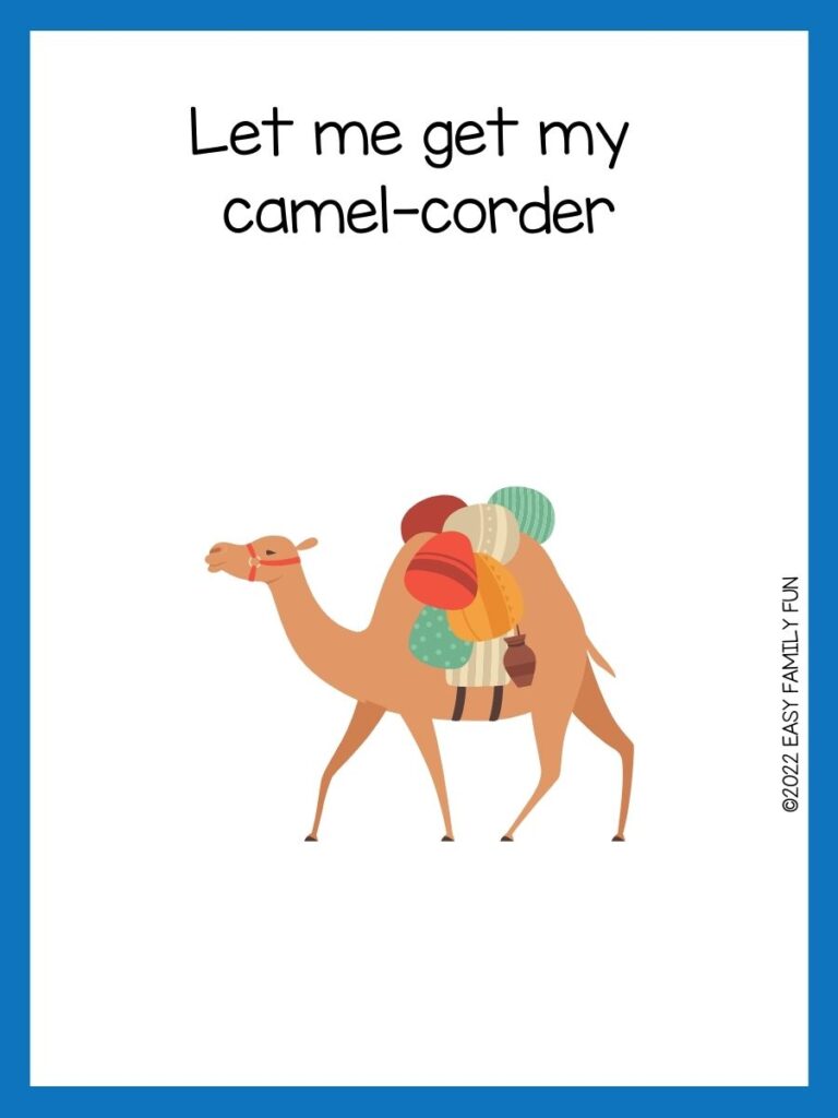Brown Camel on white background with navy blue border. 
