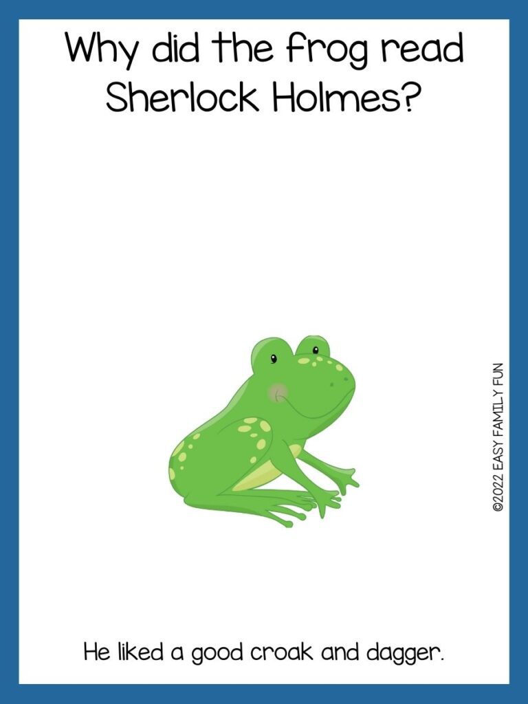 Green frog on a white background and navy blue border.