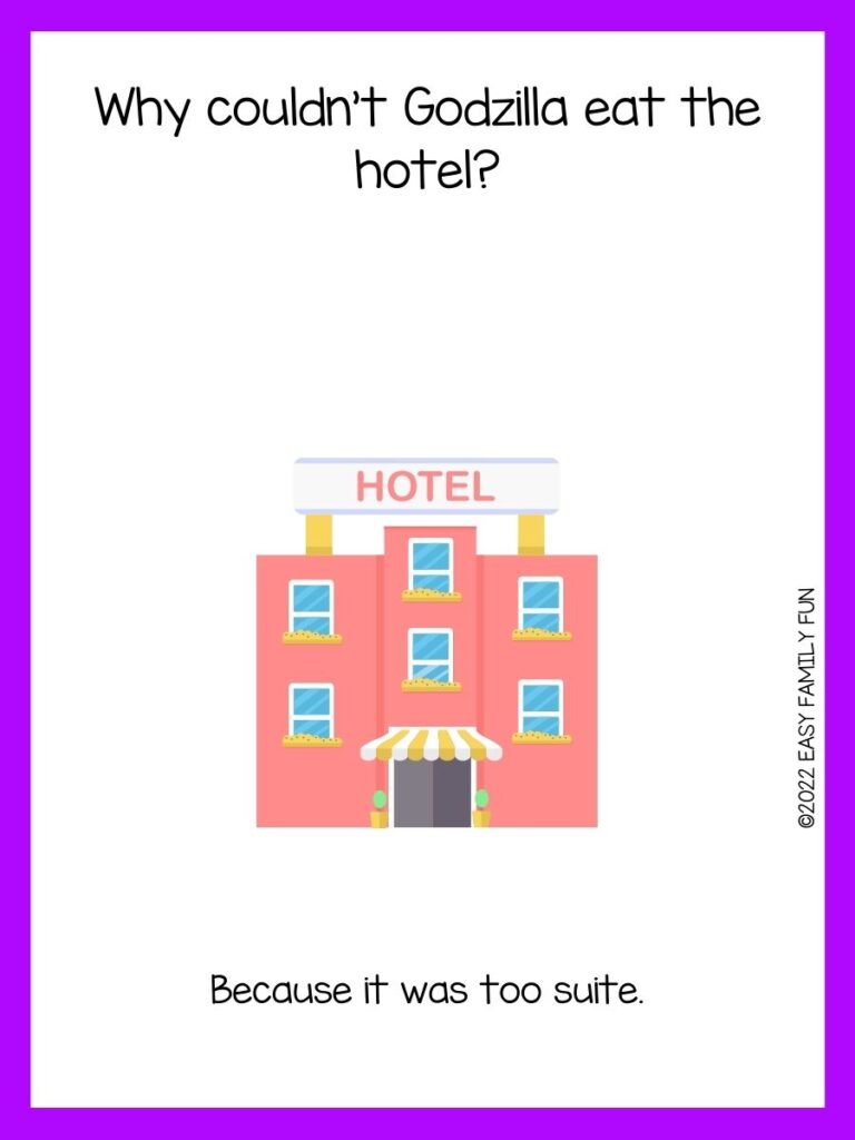 Red two-story building with a hotel sign on top on a white background and violet border. 