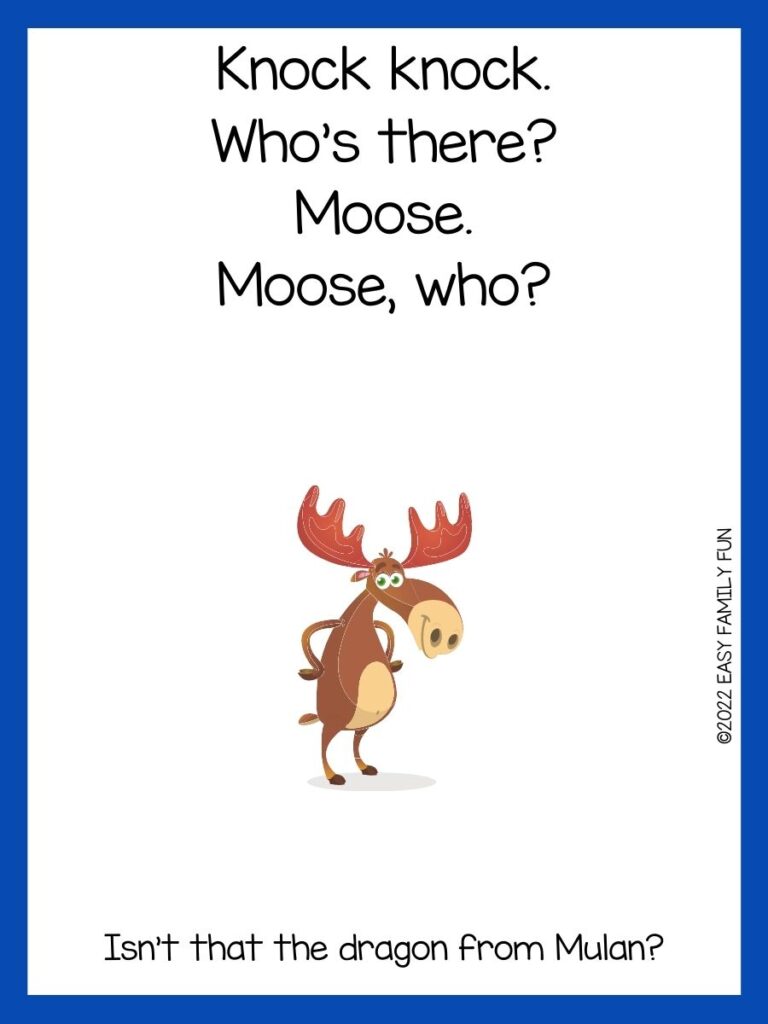 Brown moose with white background and blue border. 