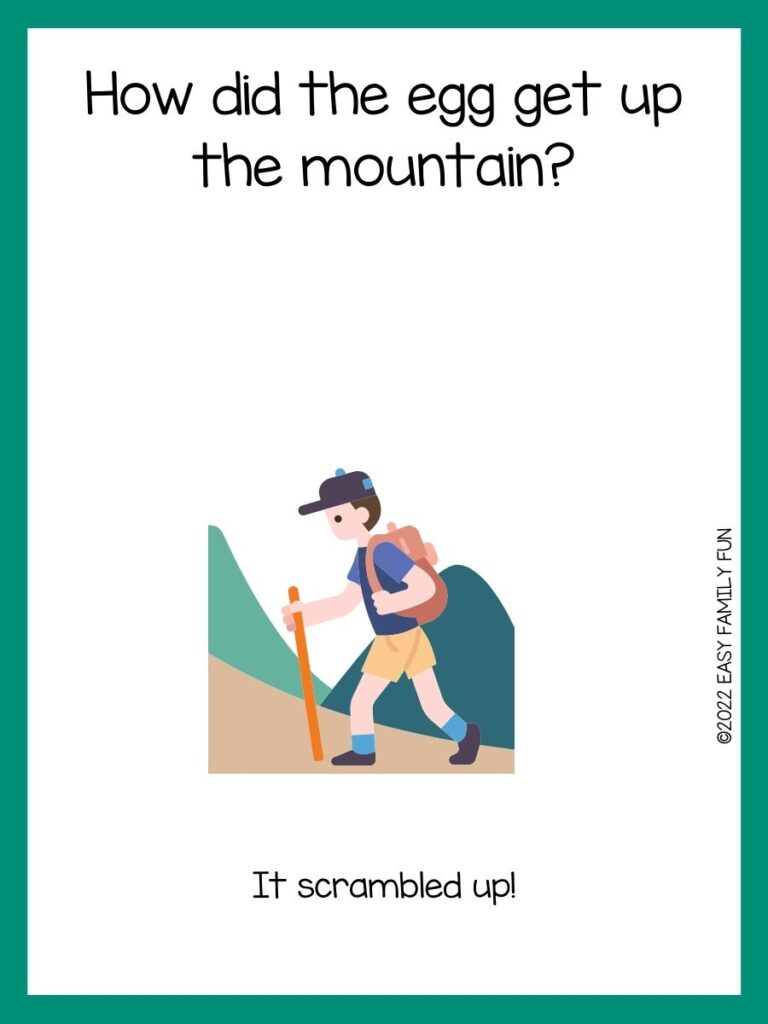 Hiker with green border and mountain joke.