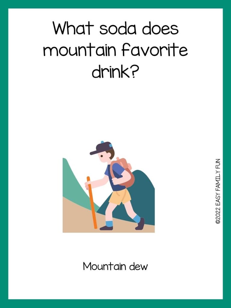 Hiker with green border and mountain joke.