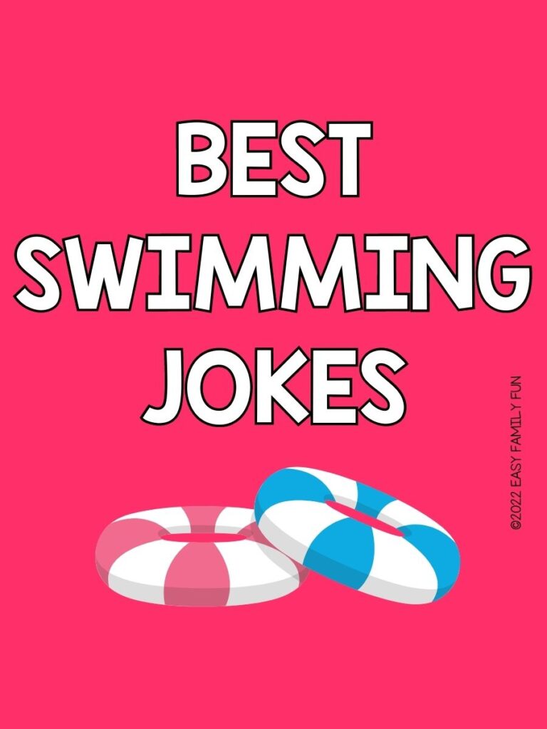 Two inner tubes on pink background with white text that says "best swimming jokes for kids"