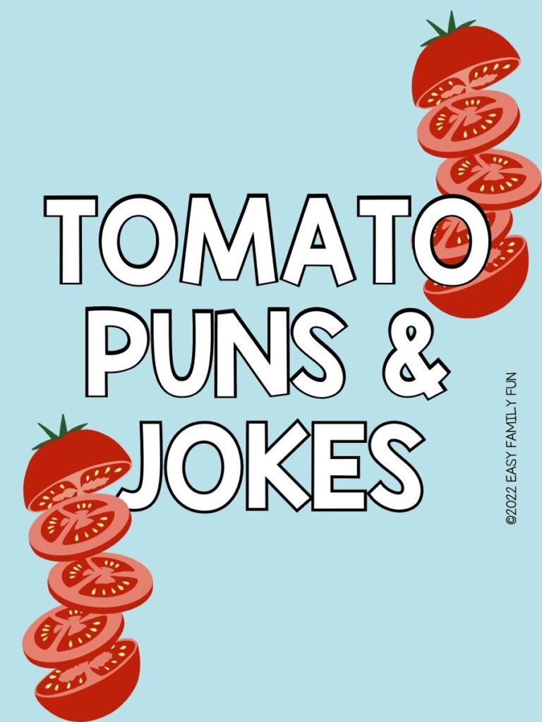 Stacked tomatoes on light blue background with white text that says "tomato puns and jokes"