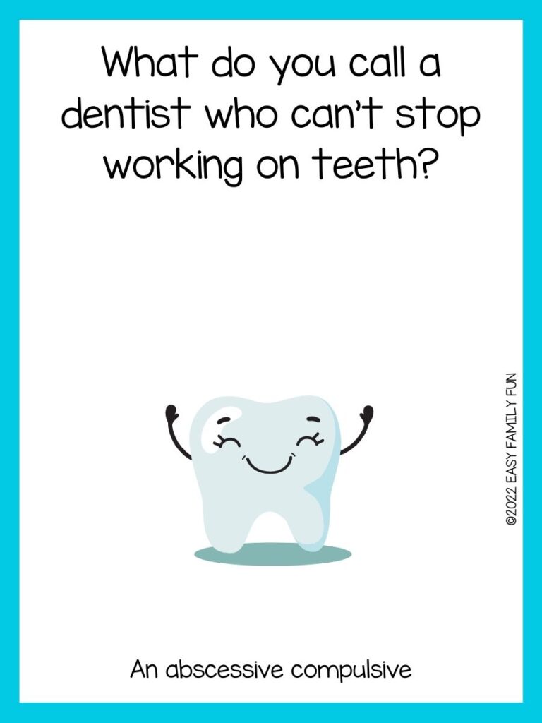 Happy tooth on white cardstock with light blue border.