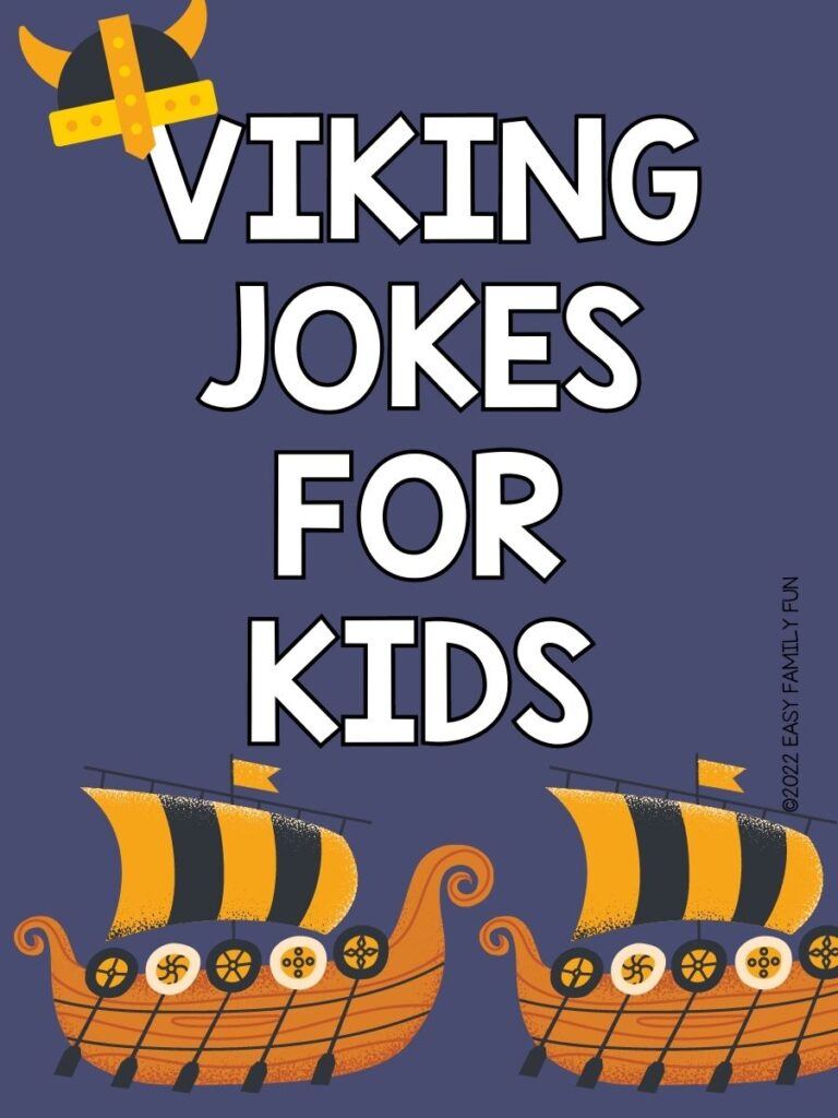 2 Viking ships and 2 Viking helmets on blue background with white text that says "Viking jokes for kids"