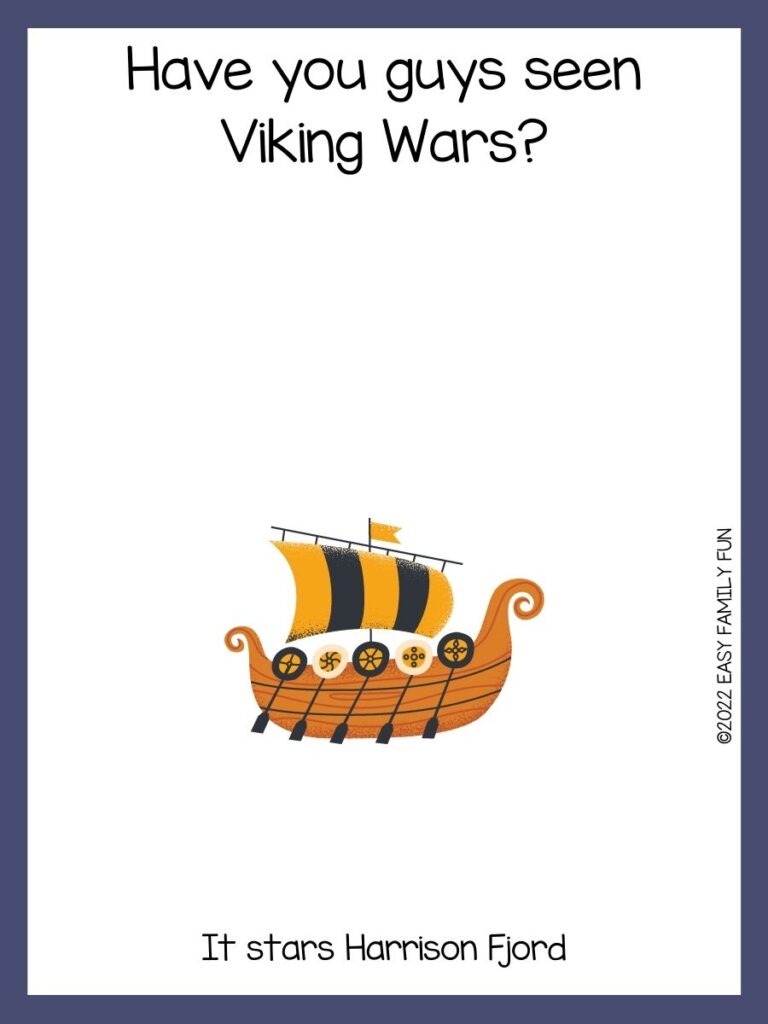 Viking ship on white background with navy blue border.