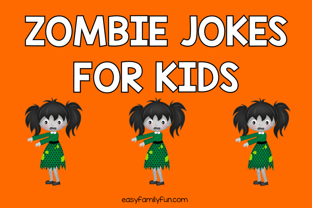 zombie jokes for kids with three zombie girls with black hair and green dress on orange backgournd