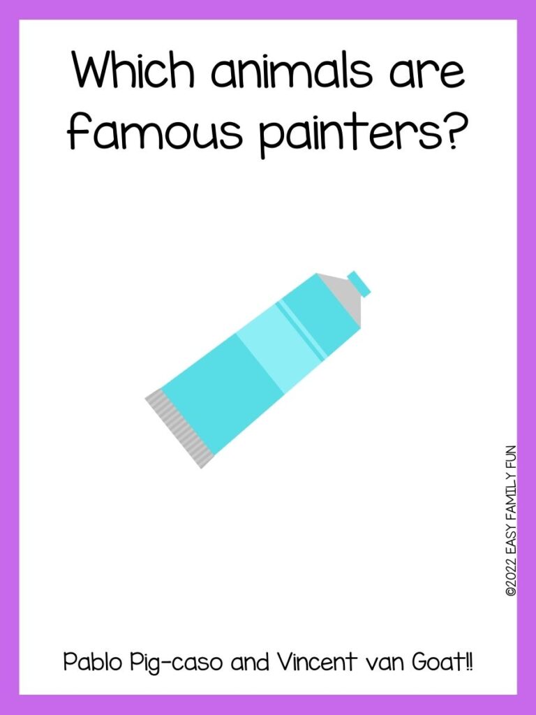 Blue paint tube with a purple border and an art riddle.