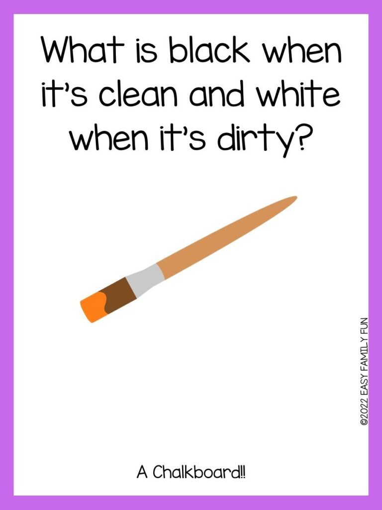 Paintbrush that has orange paint on it with a purple border and an art riddle.