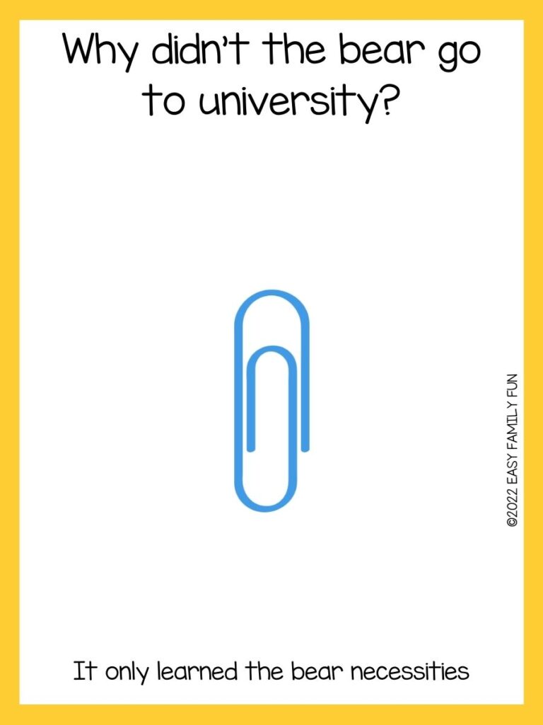 A blue paper clip with a back to school riddle and a yellow border
