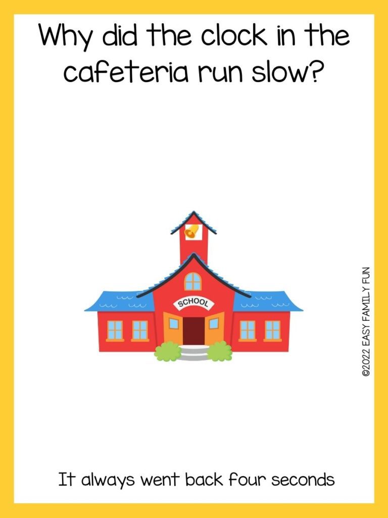 A red schoolhouse with a back to school riddle and a yellow border