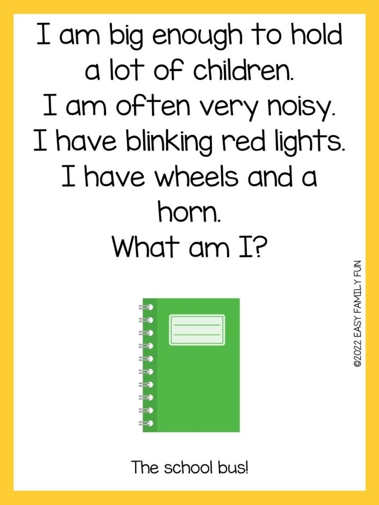 A green binder with a back to school riddle and a yellow border