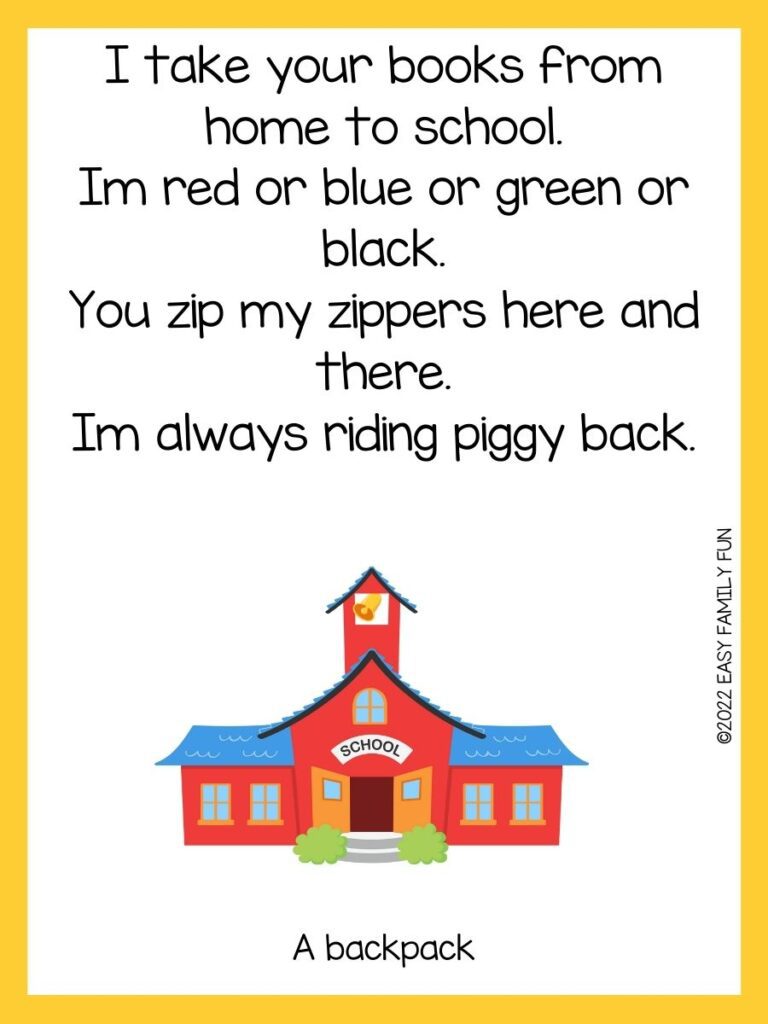 A picture of a red schoolhouse with a back to school riddle and a yellow border