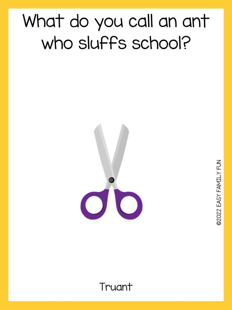 Purple handed scissors with a back to school riddle and a yellow border