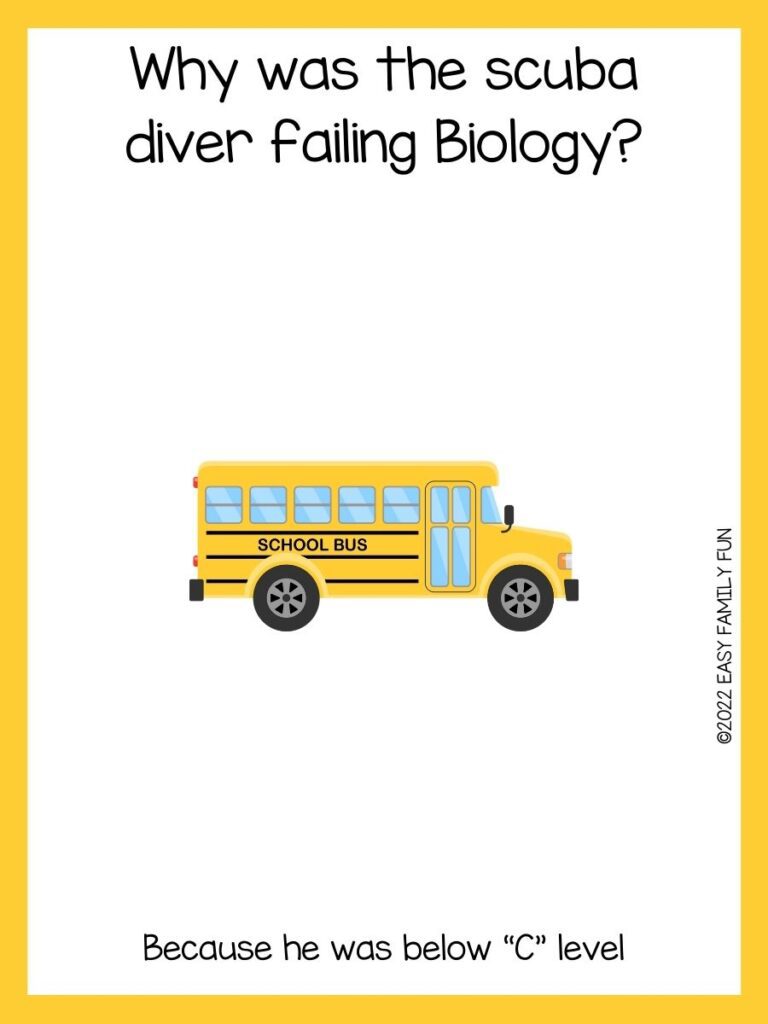 A yellow school bus with a back to school riddle and a yellow border