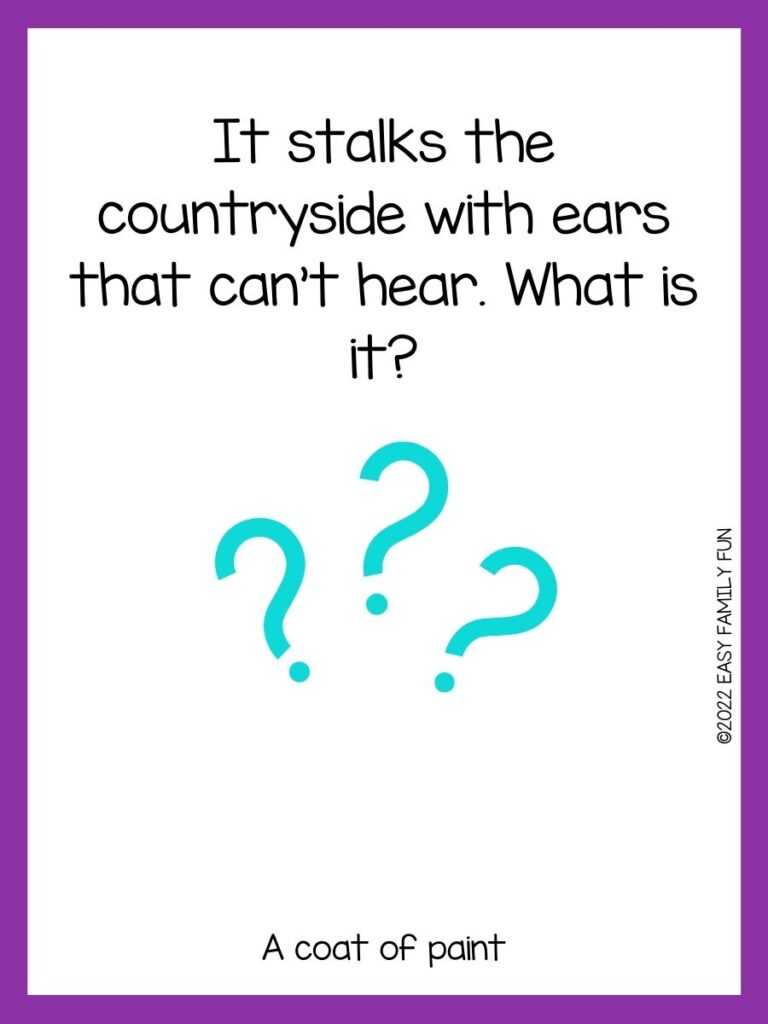 Teal question marks with a purple border and a riddle.