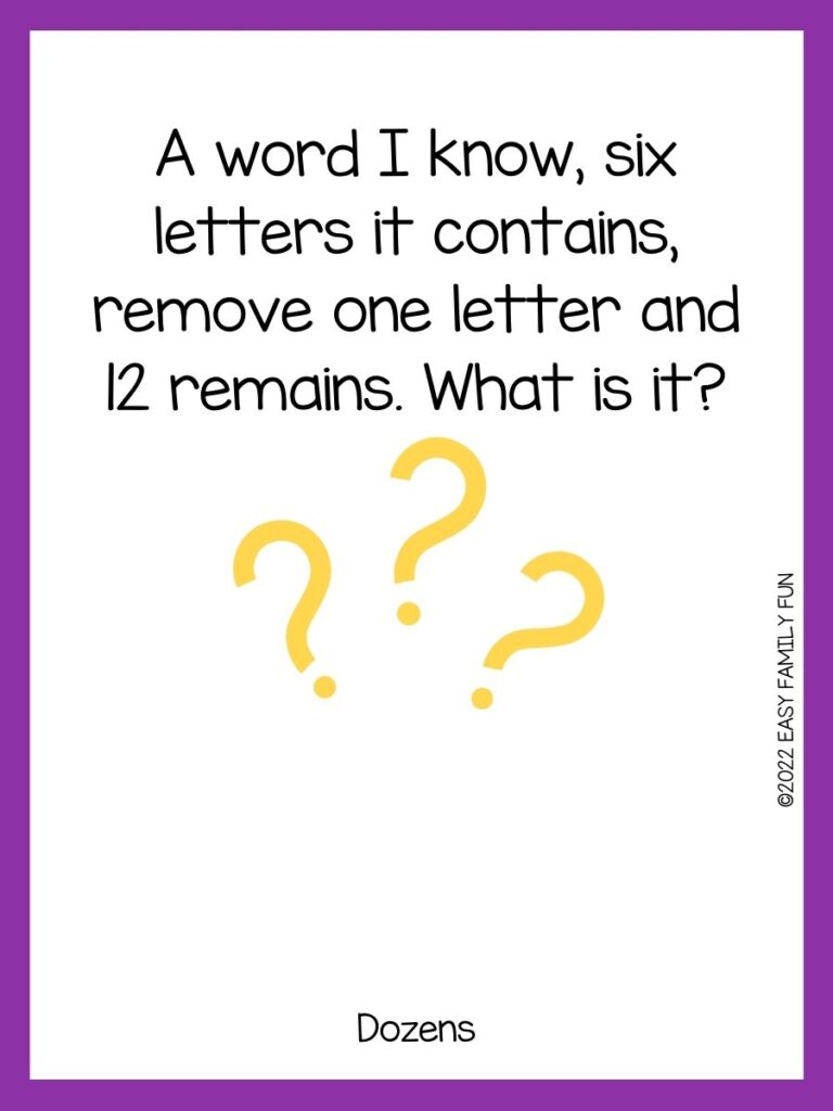 Yellow question marks with a purple border and a riddle.
