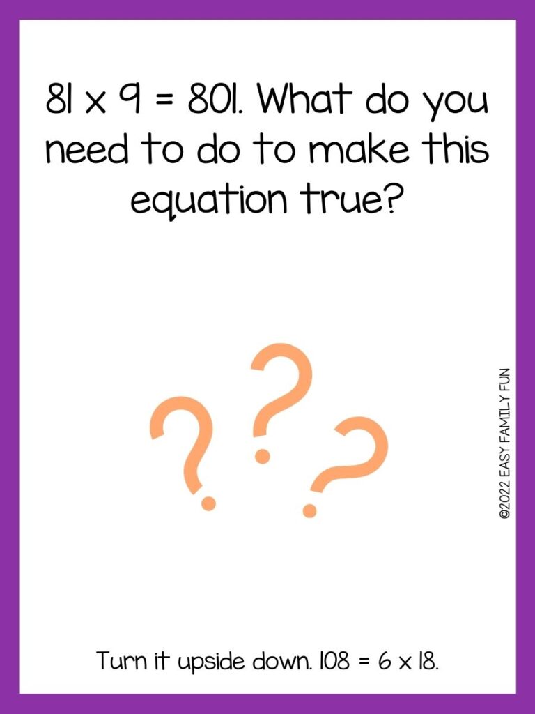 Orange question marks with a purple border and a riddle.