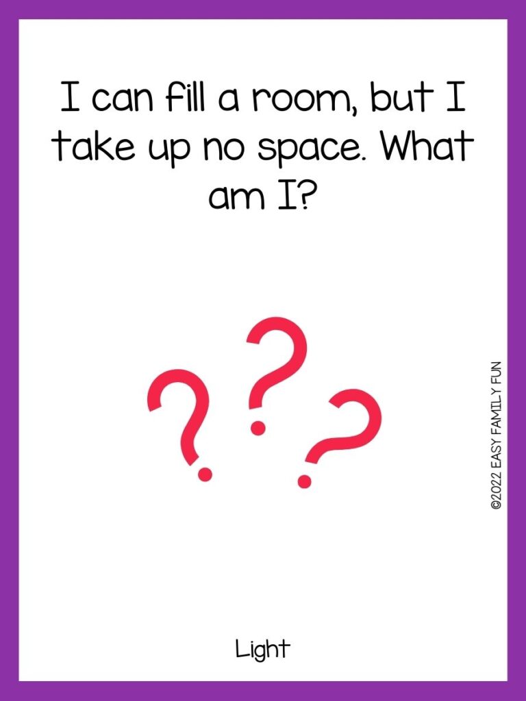 Red question marks with a purple border and a riddle.