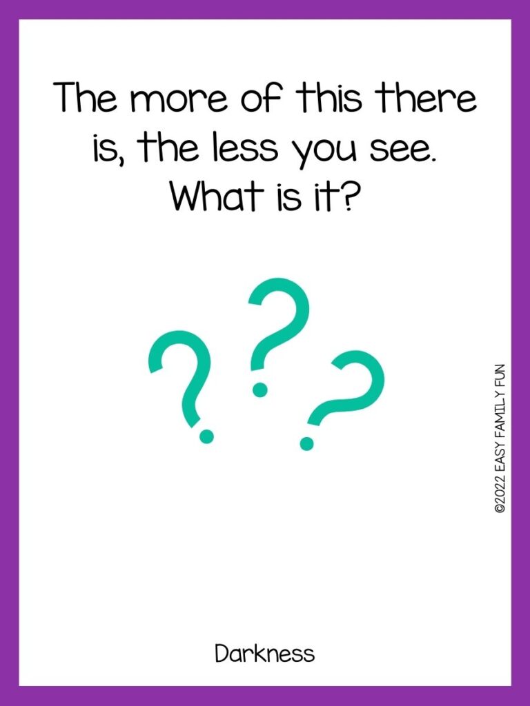Green question marks with a purple border and a riddle.