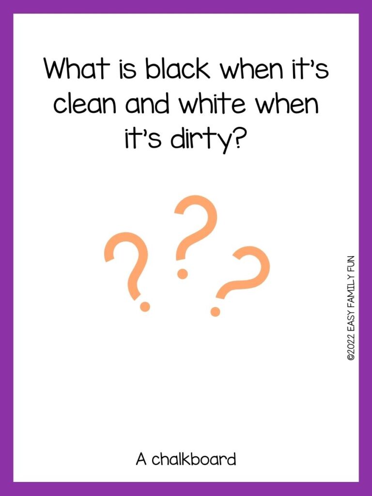 Orange question marks with a purple border and a riddle.