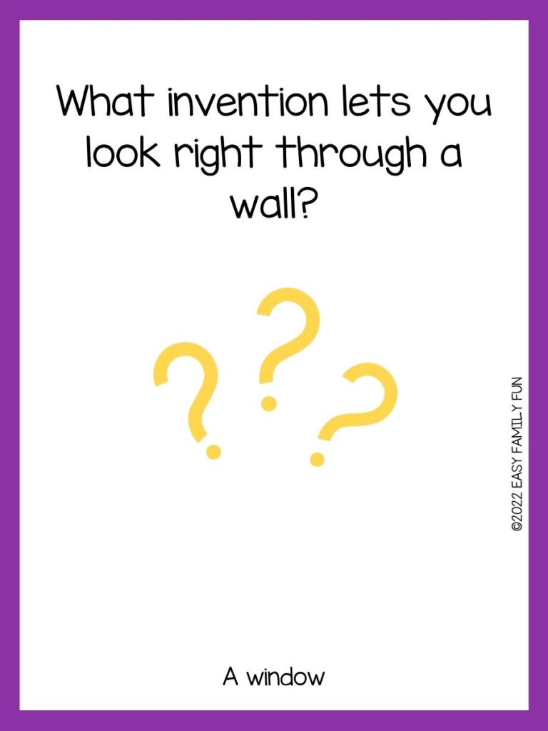 Yellow question marks with a purple border and a riddle.