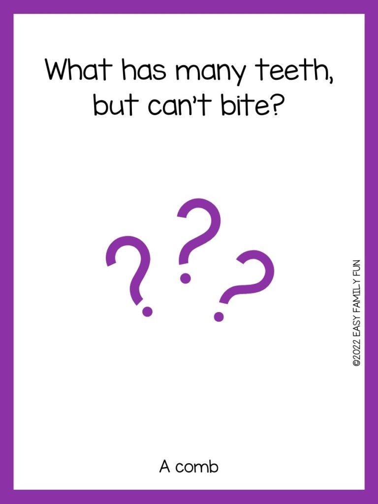 Purple question marks with a purple border and a riddle.