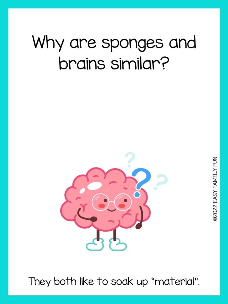 Questioning cartoon brain with a turquoise border and brain joke.