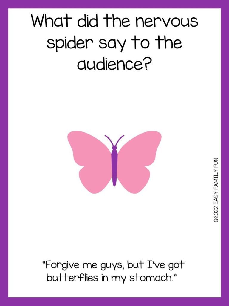 Pink butterfly on white background with a butterfly joke and purple border.