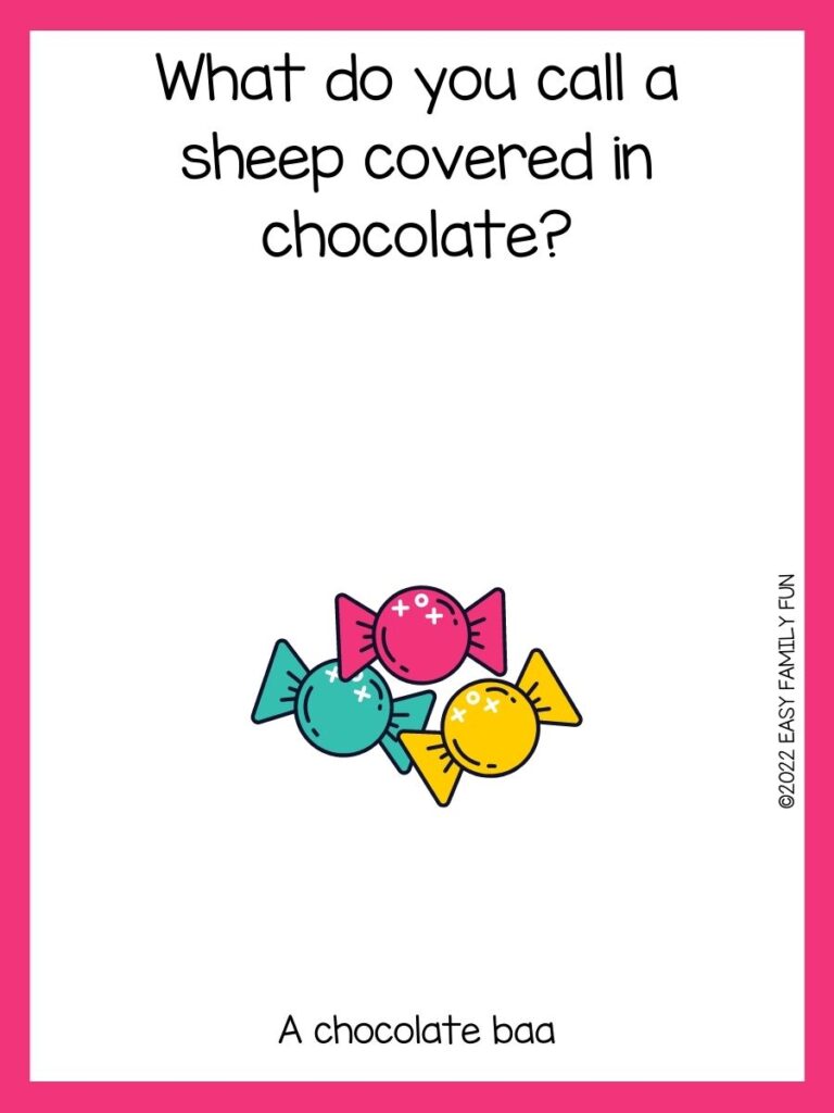 teal, pink and yellow candies on white background with candy joke and pink border 