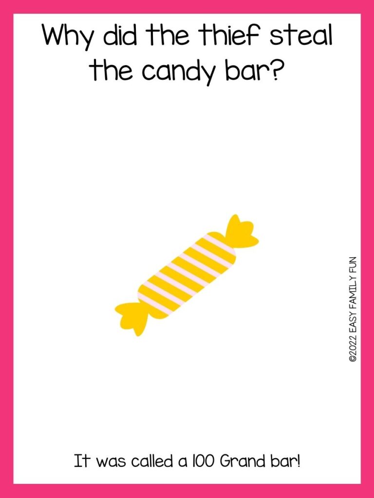 yellow candy on white background with candy joke and pink border 
