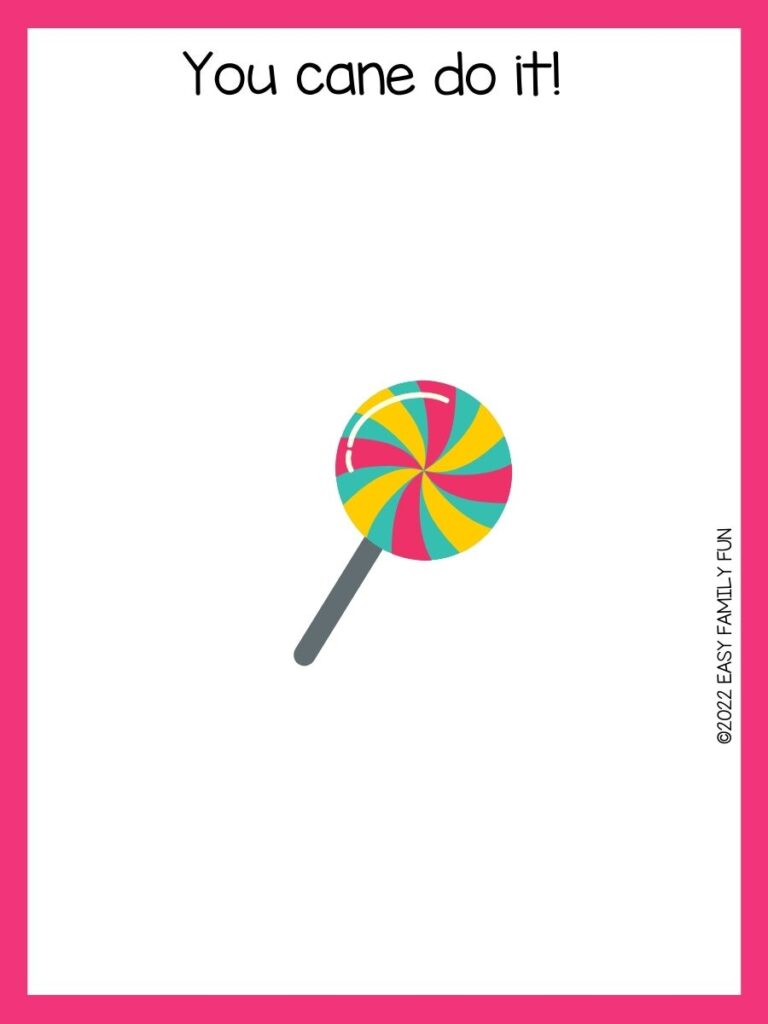 colorful lollipop on white background with candy joke and pink border 